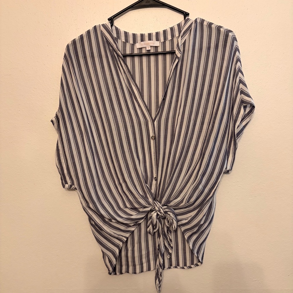 Olivaceous Striped Tie Front Top Women Medium Blue White Short Sleeve Blouse